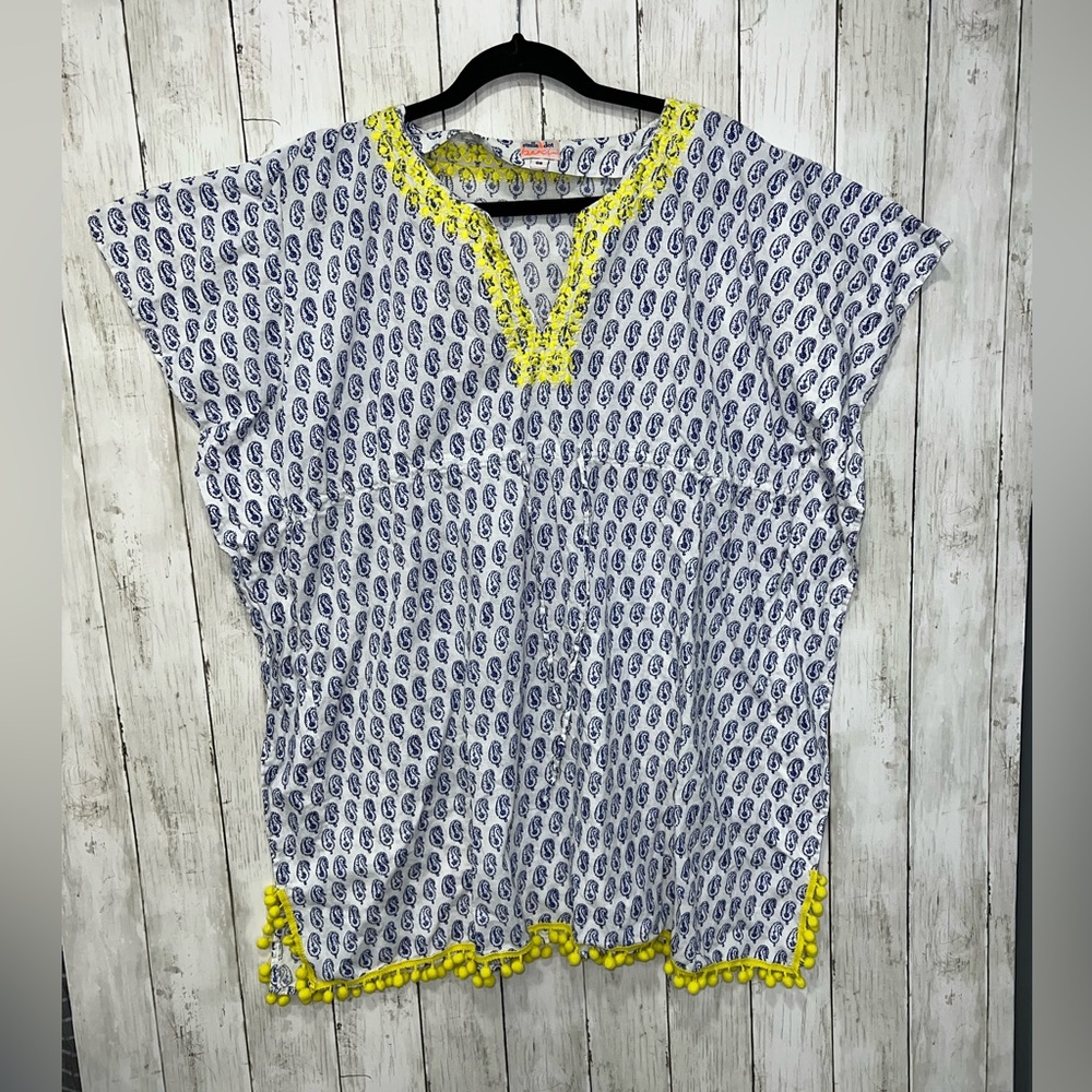 Stella & Dot Beach Coverup Paisley Cinch Waist Blue White Yellow One Size Pom